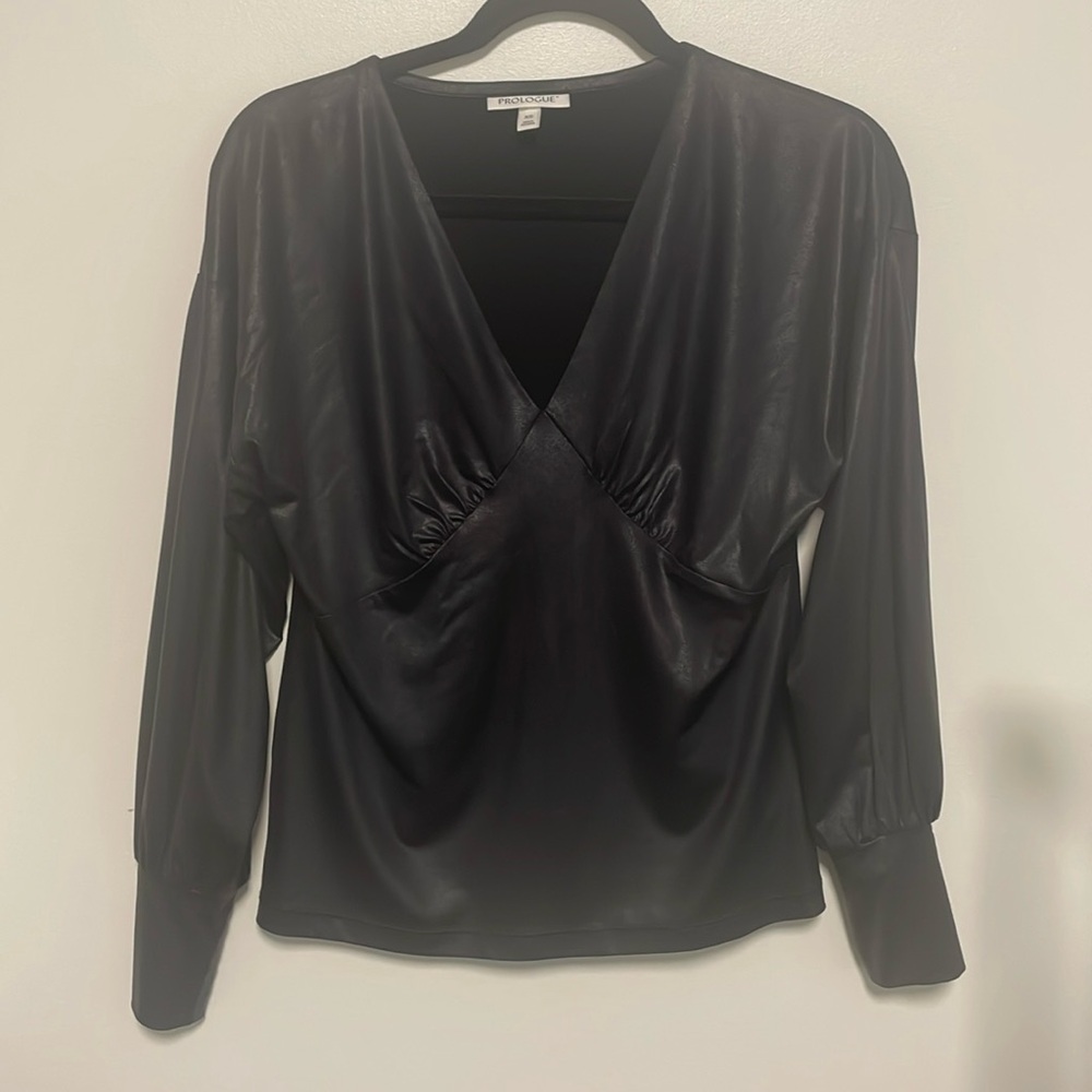 Faux leather v neck long sleeve prologue blouse